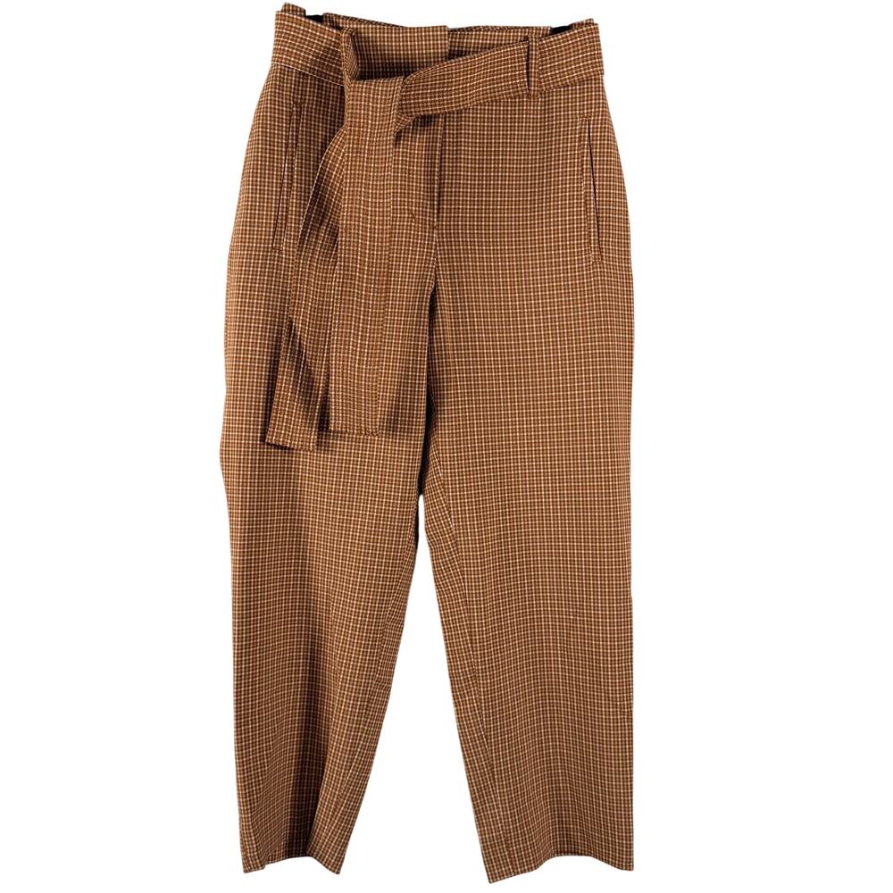 Wilfred Aritzia Tie Waist Belted Trousers Brown Plaid Ankle Pants Womens Size 2